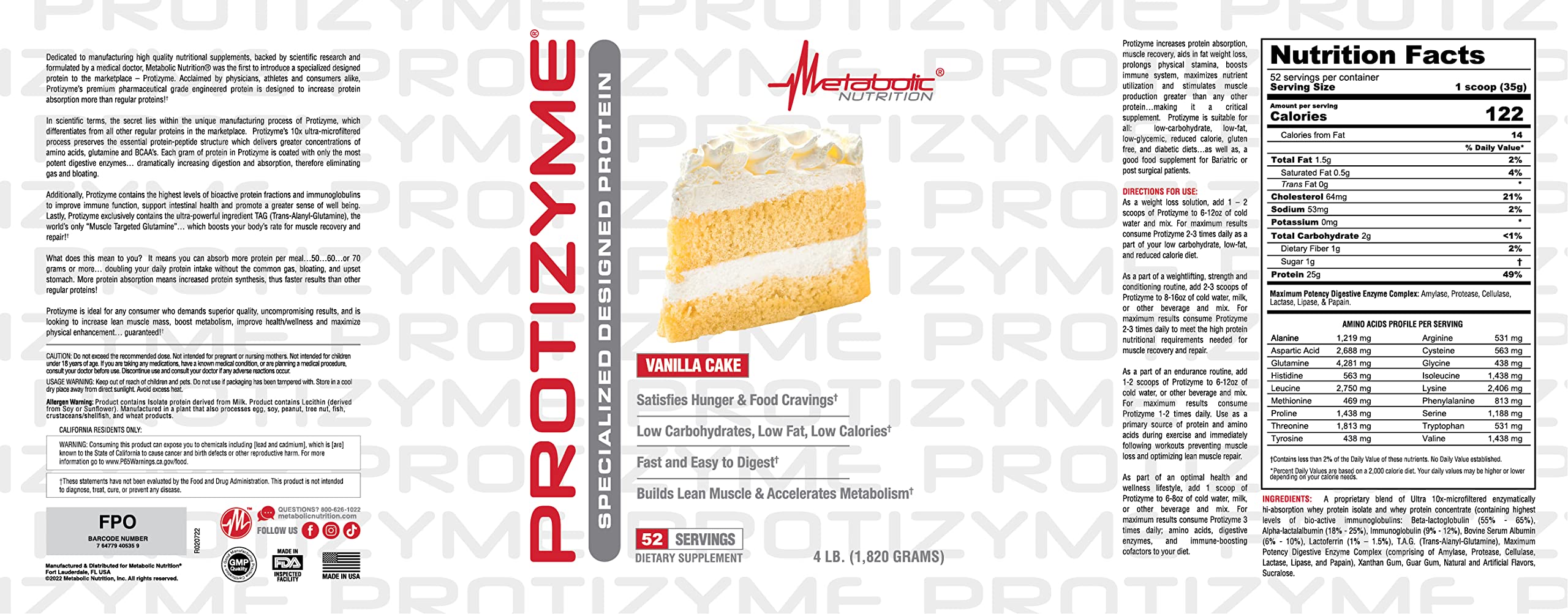 Metabolic Nutrition Protizyme 100% Whey Protein Powder - High Protein, Low Carb & Fat with Digestive Enzymes & 24 Vitamins (4lb, 52 Servings) | Post-Workout Recovery & Muscle Building Supplement