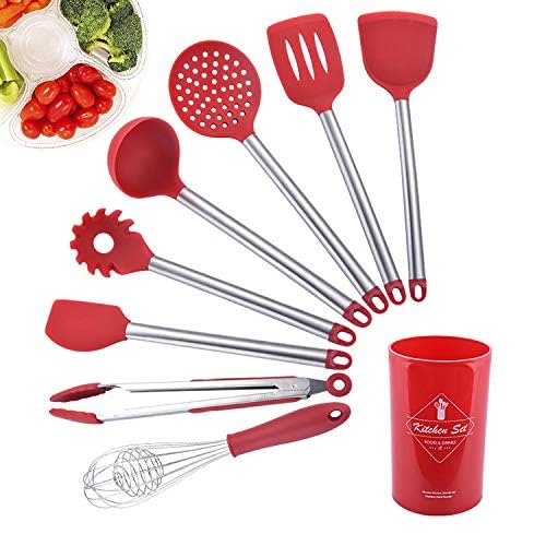 8-Piece Red Silicone Stainless Steel Kitchen Utensil Set - Non-Slip Heat-Resistant Cooking Tools for Baking, Frying & Serving - Perfect Gift for Home Chefs
