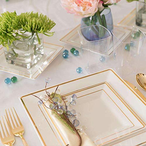 Elegant White Gold-Rimmed Square Edge Disposable Plastic Dinner Plates - 9.5 Inch (10-Pack) for Wedding, Party, Birthday, Anniversary & Holiday Celebrations - Premium Disposable Tableware for Catering, Events & Home Use