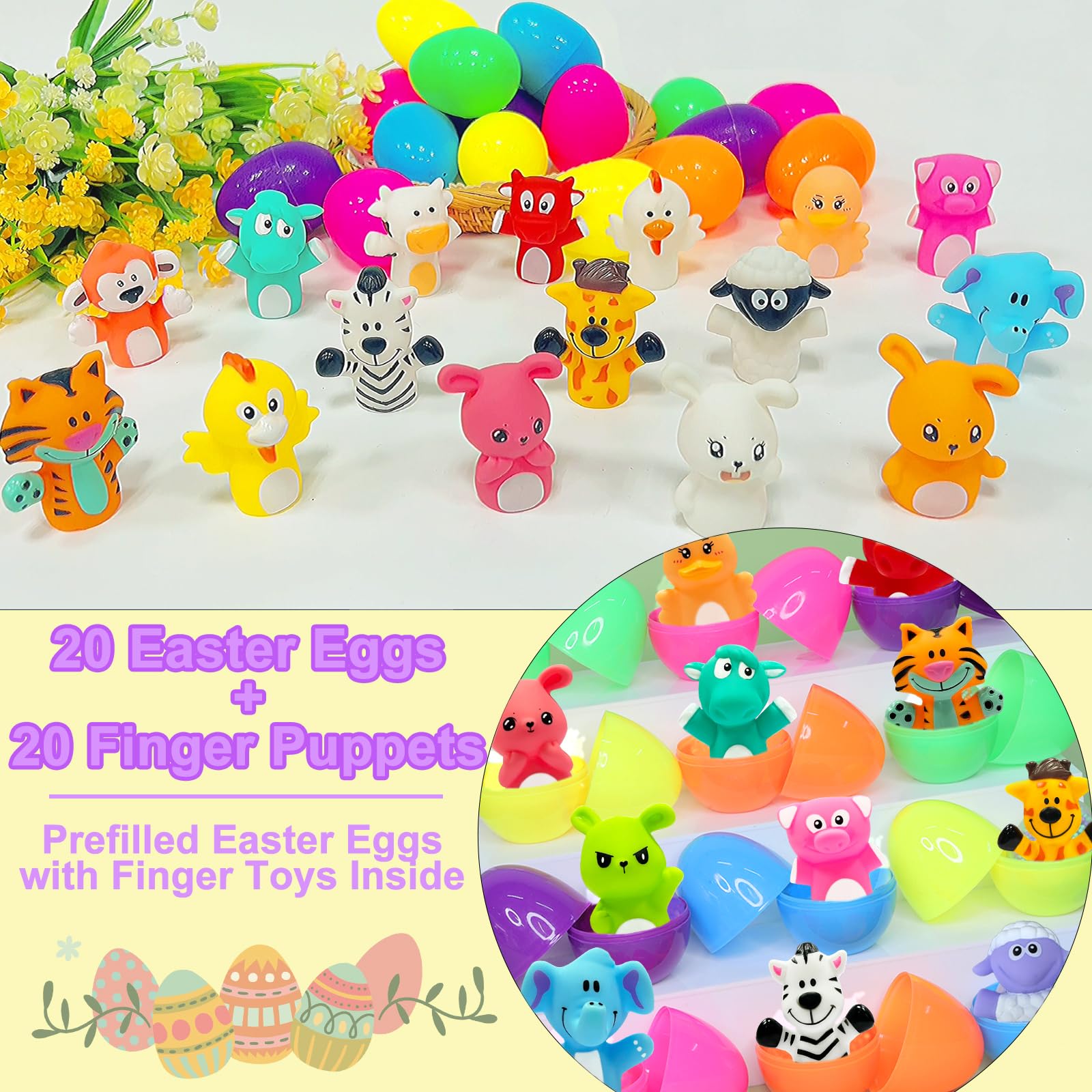 20 Pack Prefilled Easter Eggs with Animal Finger Puppets - Easter Basket Stuffers for Kids, Toddlers - Easter Egg Hunt Party Favors, Classroom Prizes - Perfect for Easter Celebrations, Birthday Parties & School Events