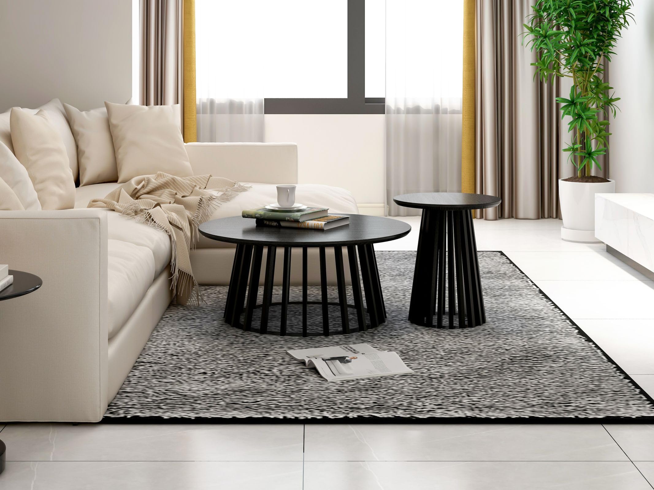 Modern Round Wood Coffee Table & Nesting End Table Set of 2 - Farmhouse Style Circle Side Tables for Small Spaces - Perfect for Living Room, Apartment, Bedroom (Black) | Compact Furniture Solution for Cozy Home Decor & Space-Saving Needs