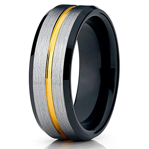 Men's Tungsten Carbide Wedding Ring - 18k Yellow Gold & Black Tungsten Band - Comfort Fit Anniversary & Engagement Ring - Perfect for Weddings, Proposals & Special Occasions