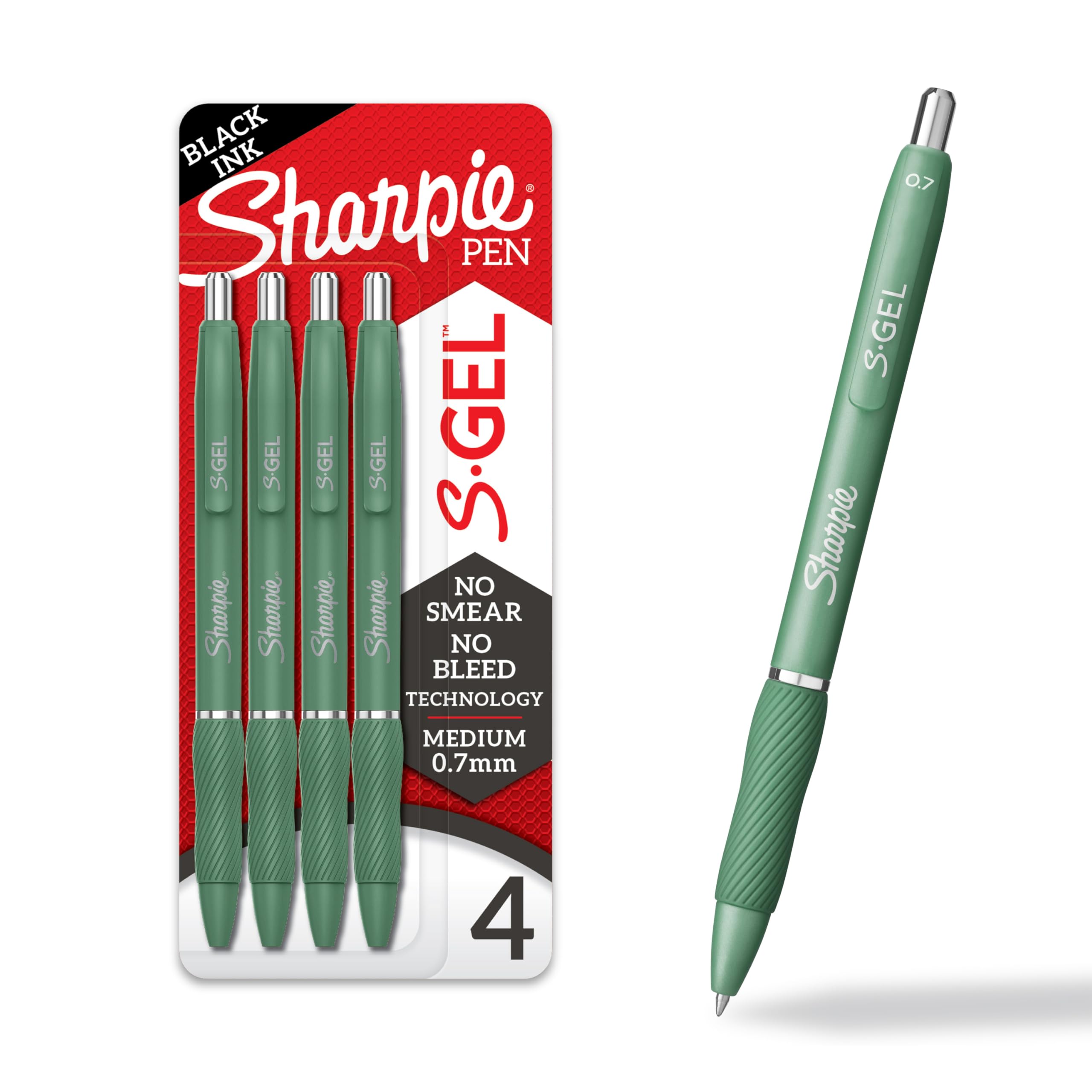 SHARPIE S-Gel 0.7mm Medium Point Gel Pens - Black Ink, Green Barrel, 4-Pack - Perfect for Journaling, Note Taking, Drawing & Coloring | Smooth Writing Gel Ink Pens for Office, School & Art Projects