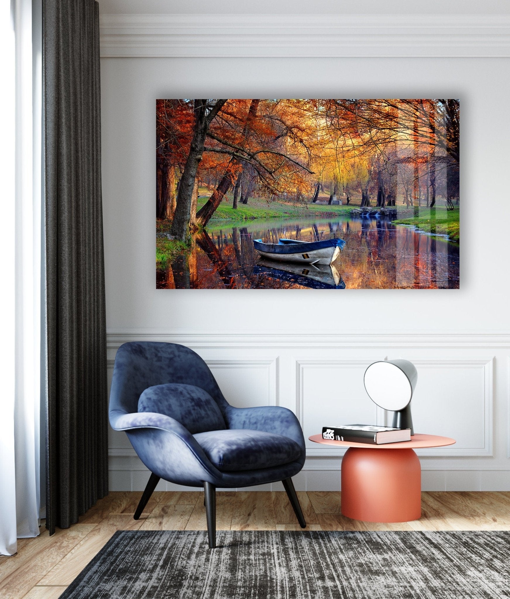 Autumn & Boat Landscape Glass Wall Art - Stunning Nature Scene for Home & Office Decor - Perfect for Living Room, Bedroom, or Office Wall