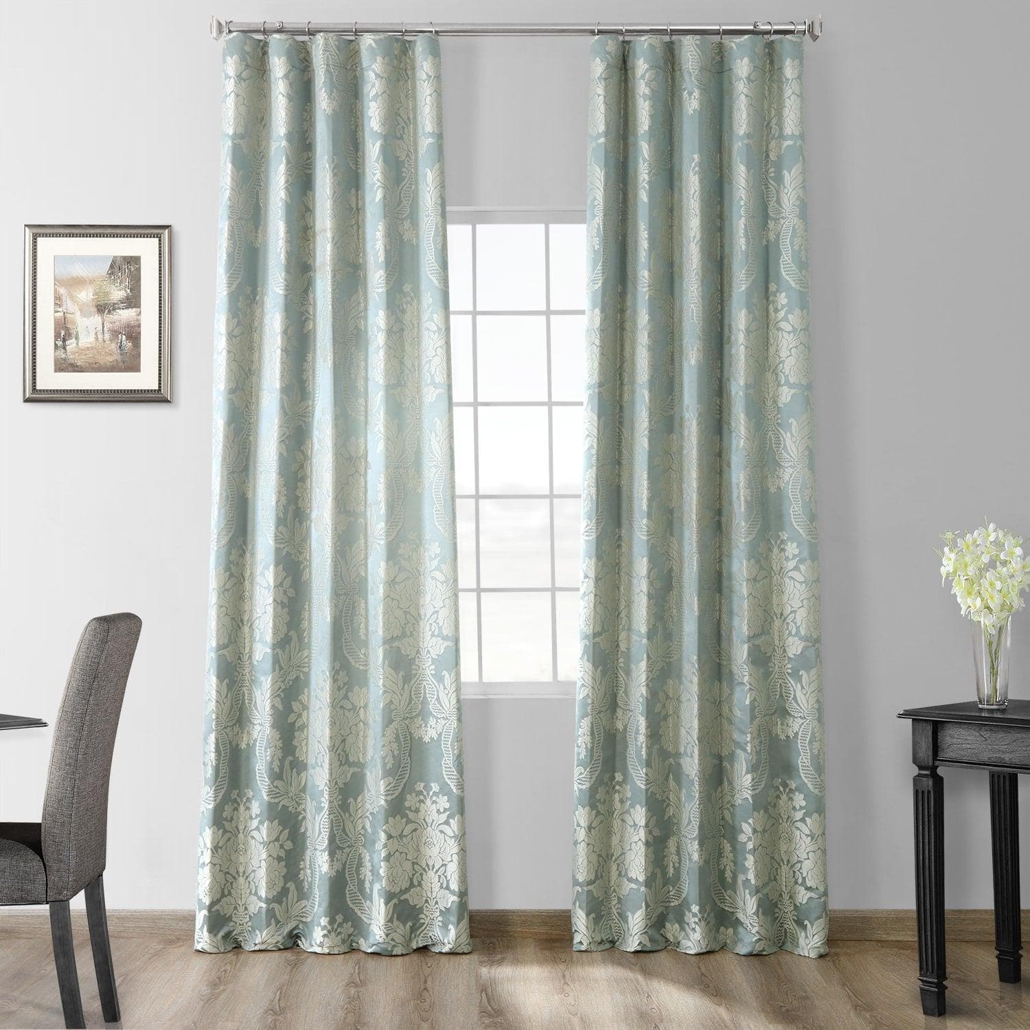 Magdelena Blue & Steel Damask Faux Silk Jacquard Blackout Curtains - Elegant Window Treatment for Bedroom, Living Room & Home Theater