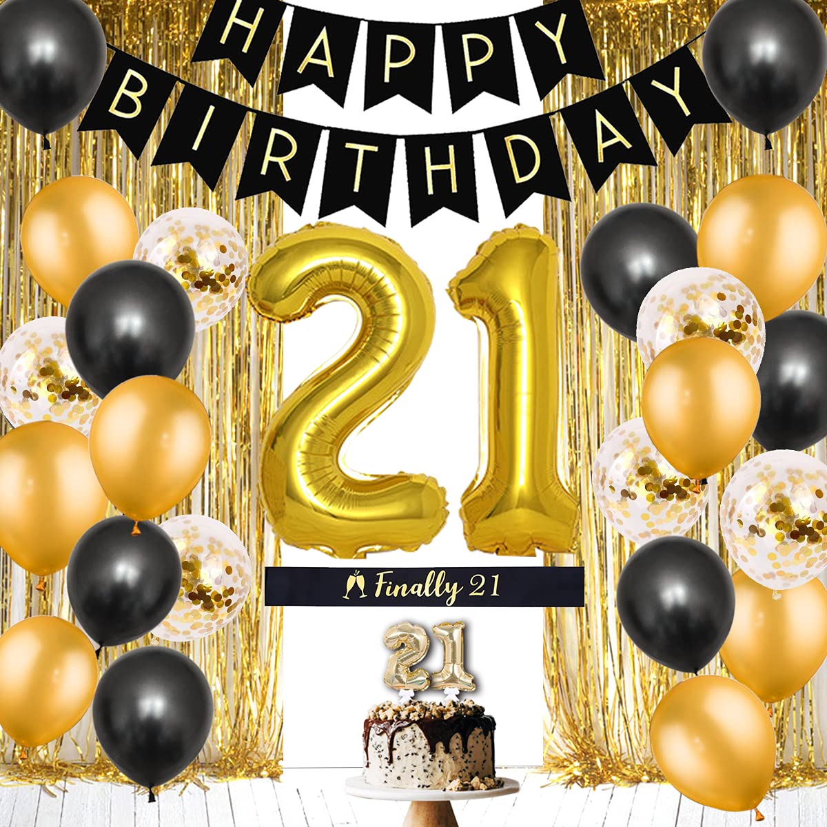 21st Birthday Party Decorations for Her & Him - Black Gold Balloons, Banner, Sash & Fringe Curtain | 21 Number Balloon, Happy Birthday Sign | Perfect for Milestone Birthday Celebrations, Photo Backdrops & Party Room Decor