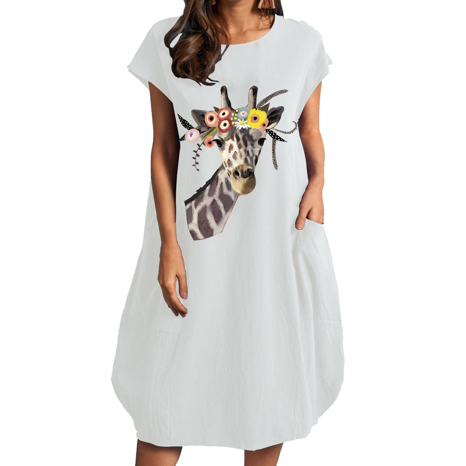 Women's Giraffe Print Loose Short Sleeve Summer Dress - Round Neck Casual Flowy T-Shirt Dress for Beach, Vacation & Everyday Wear