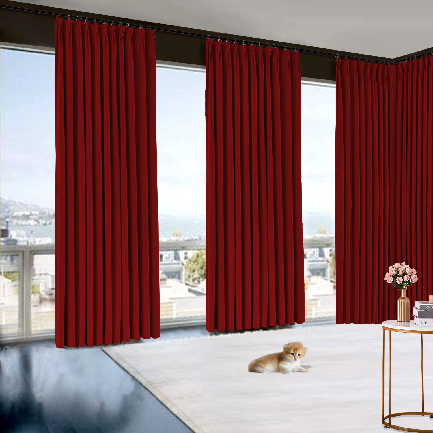 Blackout Curtains for Bedroom - 100% Polyester Room Darkening Pinch Pleat Drapes with Rings (Burgundy Red, 30