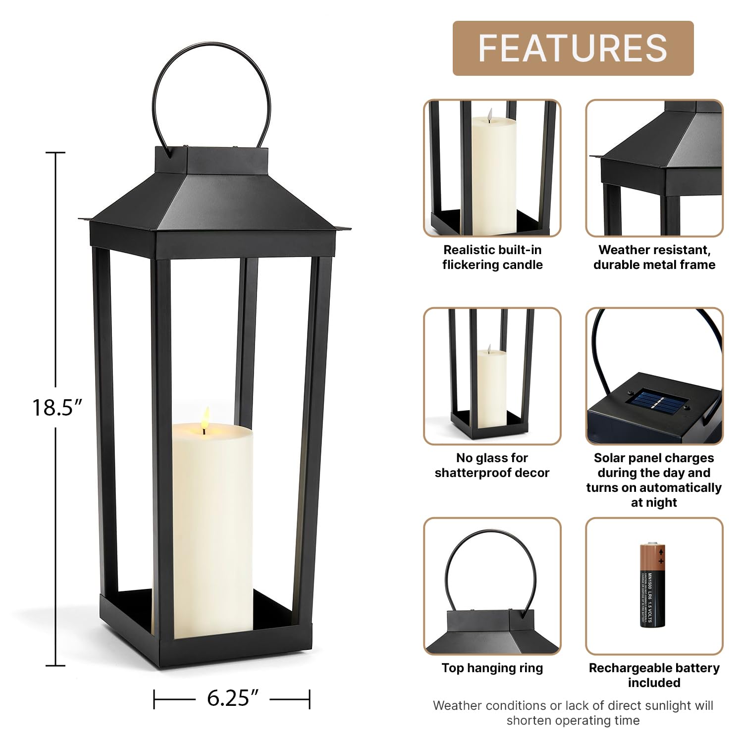 19 Inch Black Metal Solar Powered Outdoor Lantern - Open Frame Design with Flickering LED & Dusk to Dawn Timer | Flameless Candle Lantern for Porch, Patio, Garden & Pathway Lighting | Weather Resistant Decorative Lighting for Outdoor Spaces