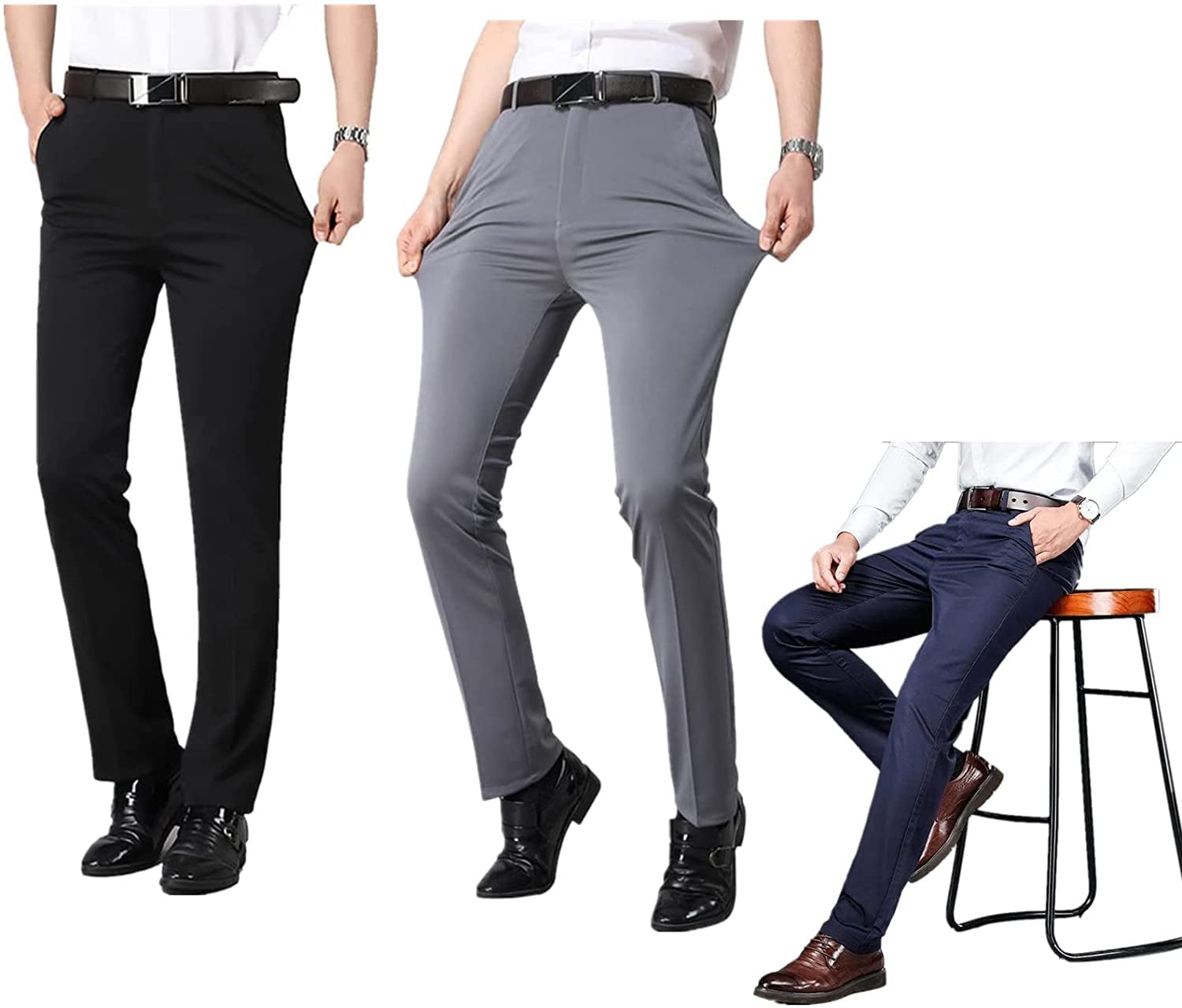 Premium Men's Ice Silk Suit Pants - Wrinkle-Free Stretch Dress Pants for Business & Summer | Breathable Cool Comfort for Office, Travel & Formal Occasions