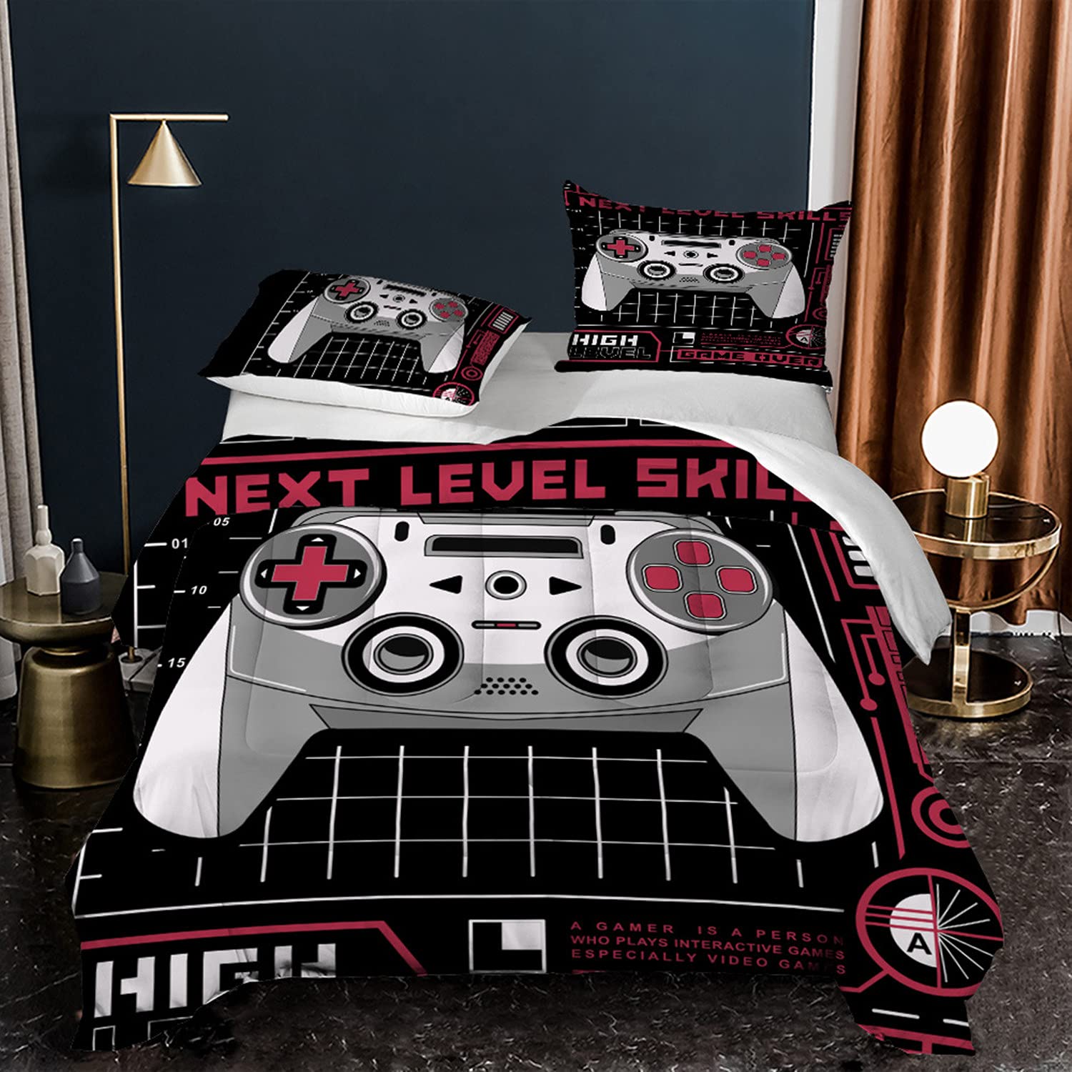 KXRY Black & Red Video Game Controller Comforter Set - King Size Gamer Bedding with 1 Quilted Duvet & 2 Pillow Cases for Boys & Gaming Enthusiasts | Perfect for Gaming Rooms, Teen Bedrooms & Esports Decor