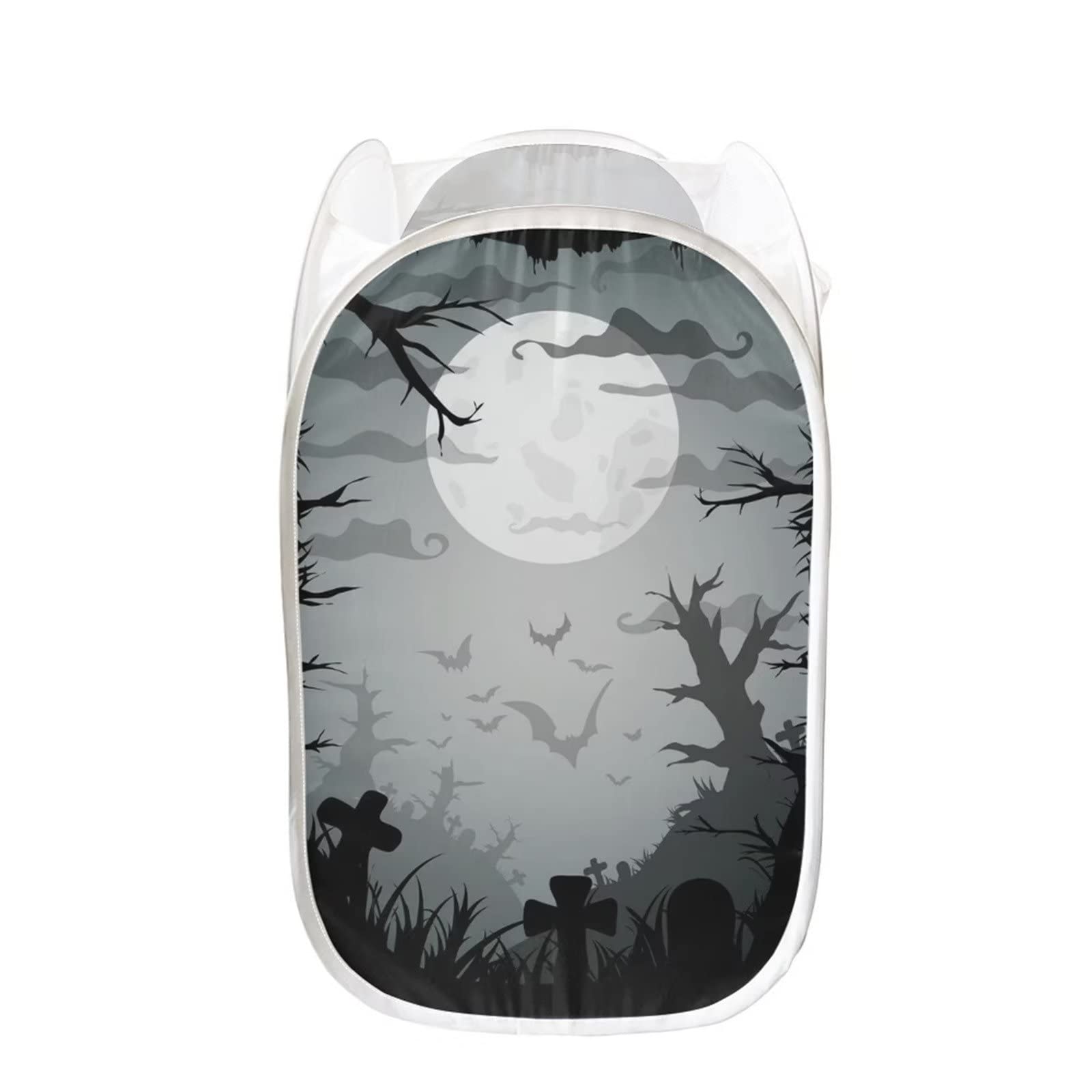 PZZ BEACH Portable Popup Laundry Hamper - Halloween Cemetery Scary Storage Basket - Collapsible Bin for Bathroom, Toys & Clothes - Perfect for Travel, Camping & Dorm Organization