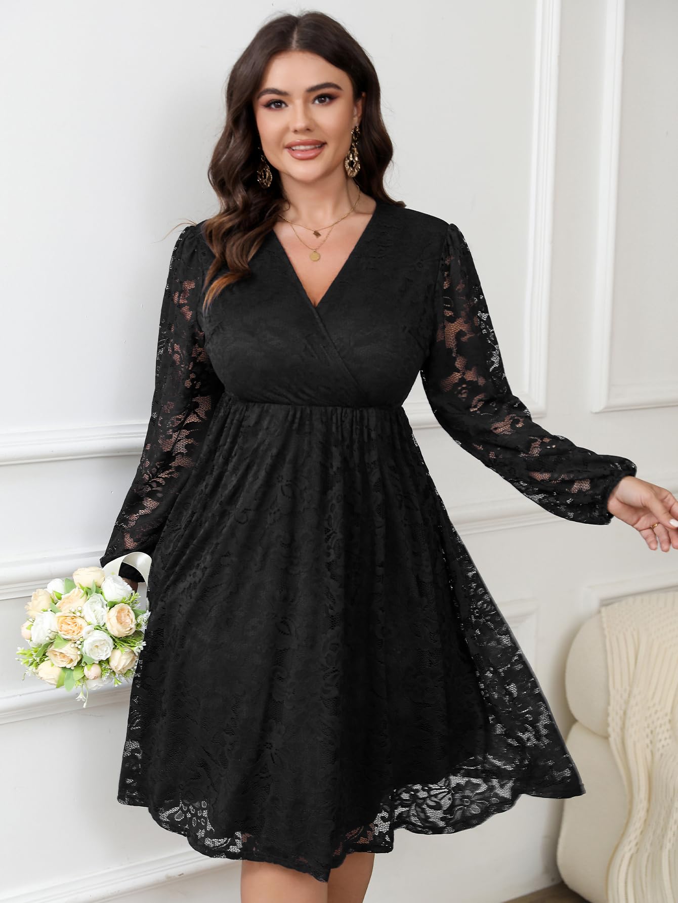 Plus Size Women's Lace Midi Dress - V Neck Wrap Long Sleeve Flowy A-Line Cocktail Dress for Wedding Guest, Party & Special Occasions