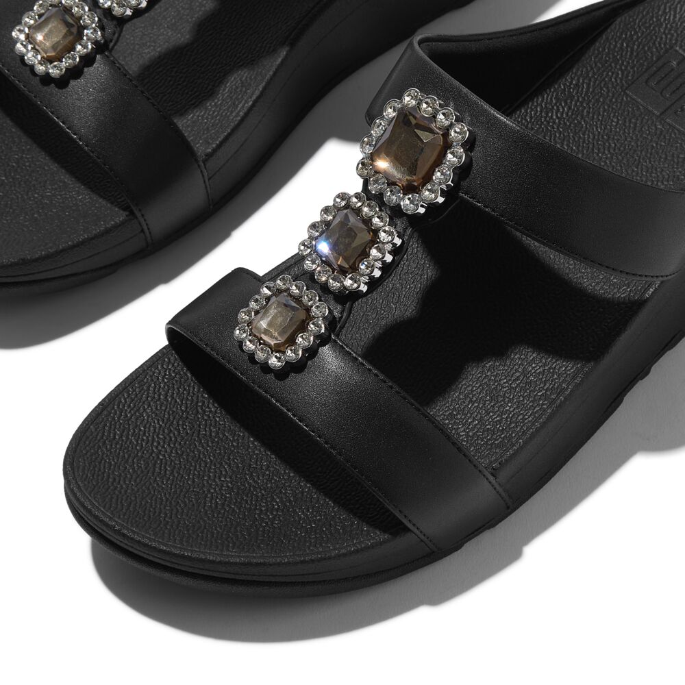 FitFlop Fino Crystal Jewel H Bar Slide Sandals for Women - All Black | Comfortable Summer Beach Sandals with Crystal Accents for Casual Wear & Vacation