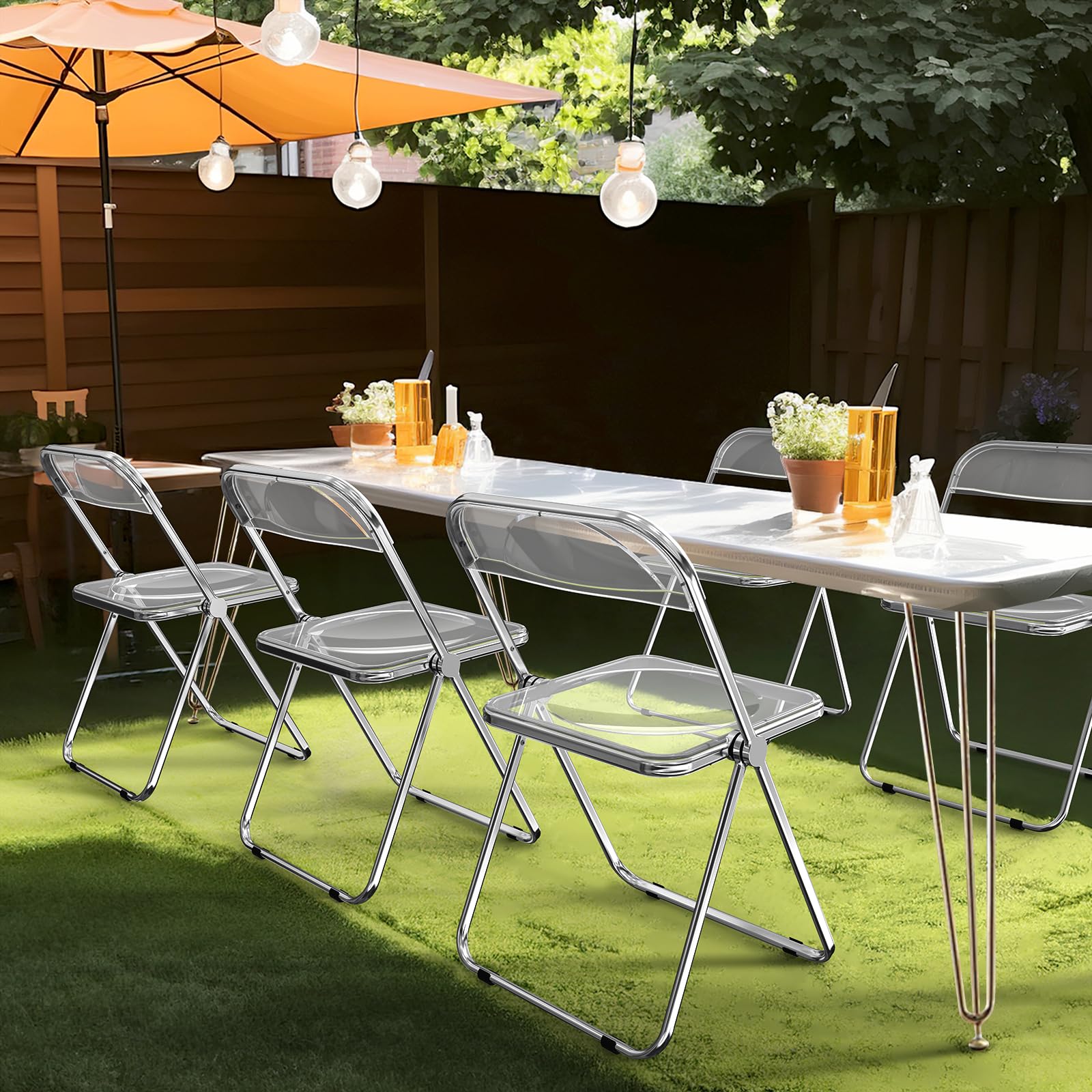 VINGLI 2 Pack Clear Acrylic Folding Chairs - Stackable Plastic Chairs with Metal Chrome Frame, 350 lbs Weight Capacity - Perfect for Weddings, Parties, Events & Outdoor Gatherings