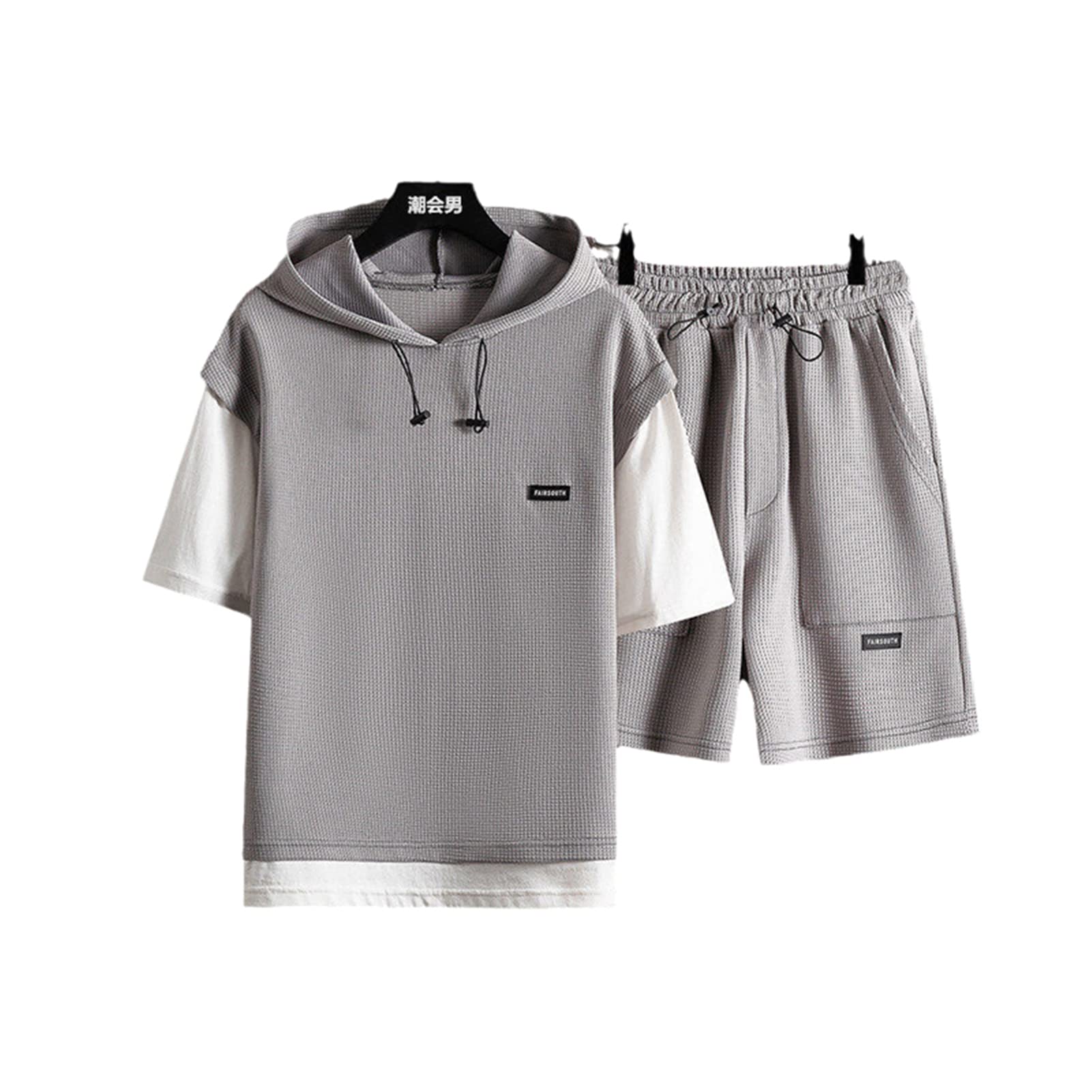 Men's Summer Hooded T-Shirt & Shorts 2-Piece Set - Breathable Waffle Knit Lounge Wear for Gym, Beach, and Casual Outings