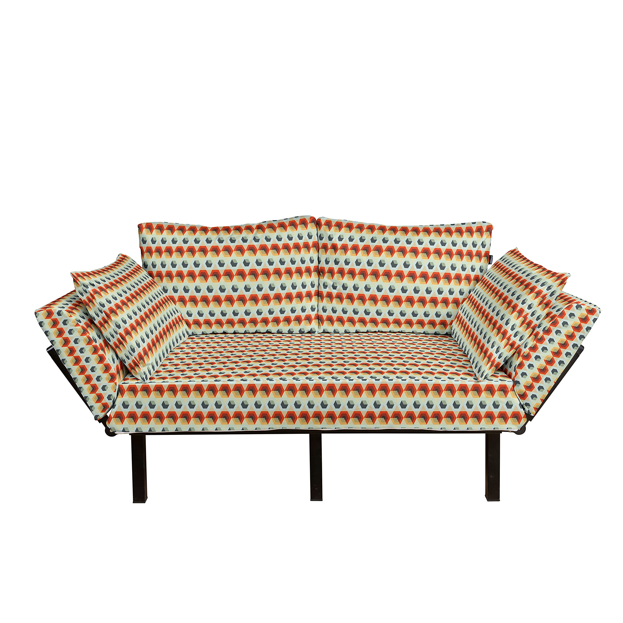 Ambesonne Modern Geometric Futon Couch - Hexagonal Comb Pattern Abstract Design with Rhombus Borders, Upholstered Sofa with Sturdy Metal Frame for Living Room, Dorm, Loveseat in Orange & Dark Blue | Perfect for Small Spaces, Guest Rooms & Contemporary Home Decor
