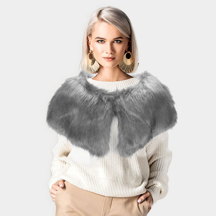 Women's Gray Faux Fur Cape Scarf - Soft Winter Wrap Shawl for Women - Cozy Fashion Accessory for Cold Weather, Parties, and Outdoor Activities