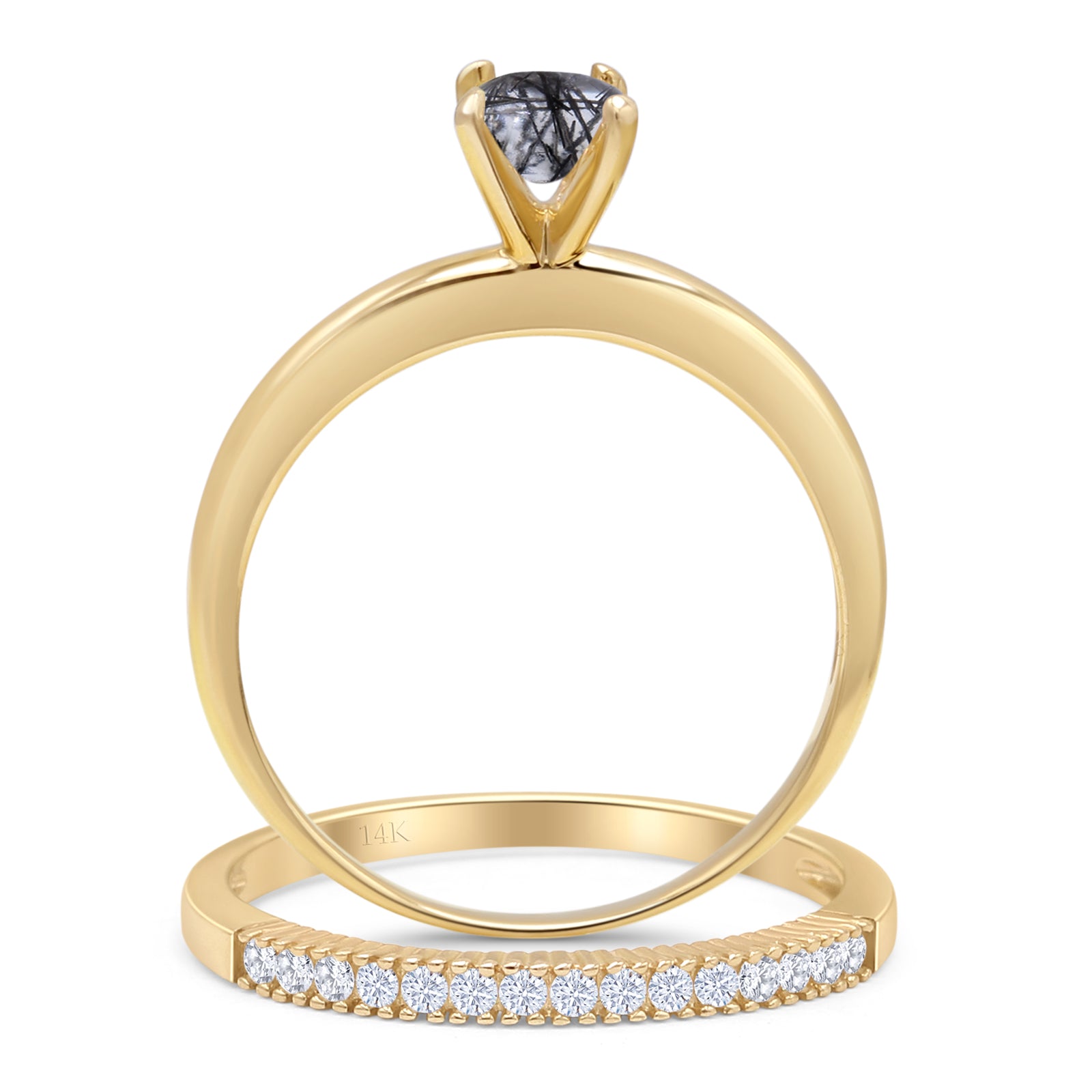 14K Yellow Gold Two-Piece Round Natural Rutilated Quartz Half Eternity Band Bridal Ring Set - Perfect for Weddings, Anniversaries & Special Occasions