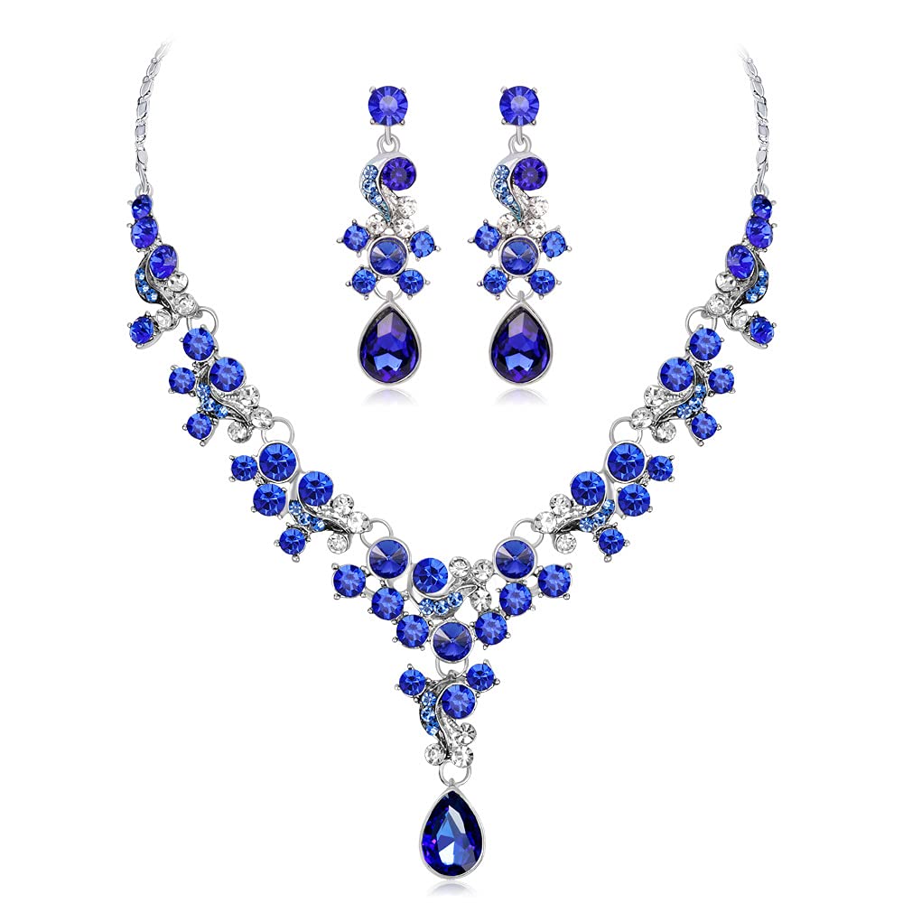 Aoligrace Silver Rhinestone Crystal Bridal Jewelry Set for Women - Blue & Red Necklace & Earrings Wedding Accessories | Perfect for Prom, Party, Bridal Shower & Formal Occasions