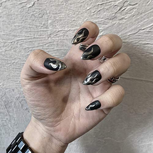 24pcs Cool Fire Pattern Press On Nails for Girls - Full Cover Detachable Fake Nails with Glue & Stylish Designs | Perfect for Parties, Halloween, Cosplay & Daily Fashion