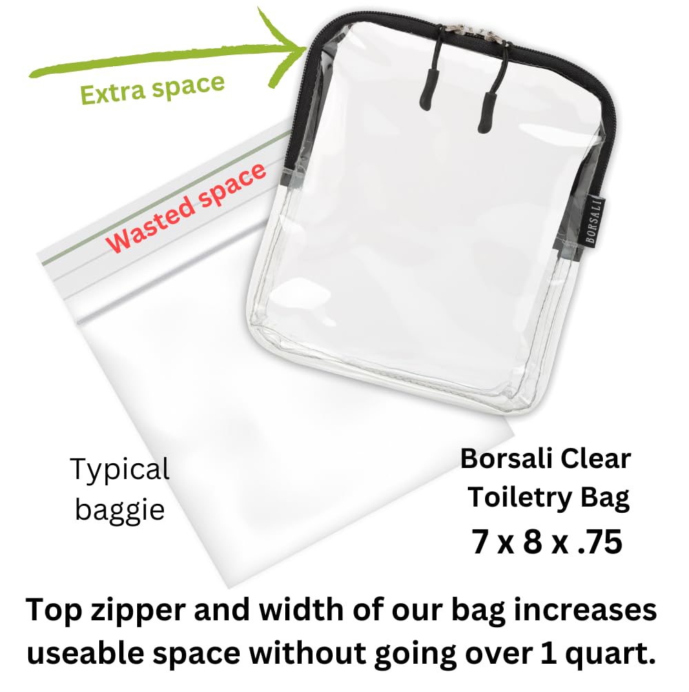 BORSALI TSA Approved Quart Size Clear Toiletry Bag for Air Travel - 1 Quart Capacity Cosmetic & 3-1-1 Liquids Organizer with Handle (Black) - Perfect for Carry-On Luggage & Airport Security Compliance