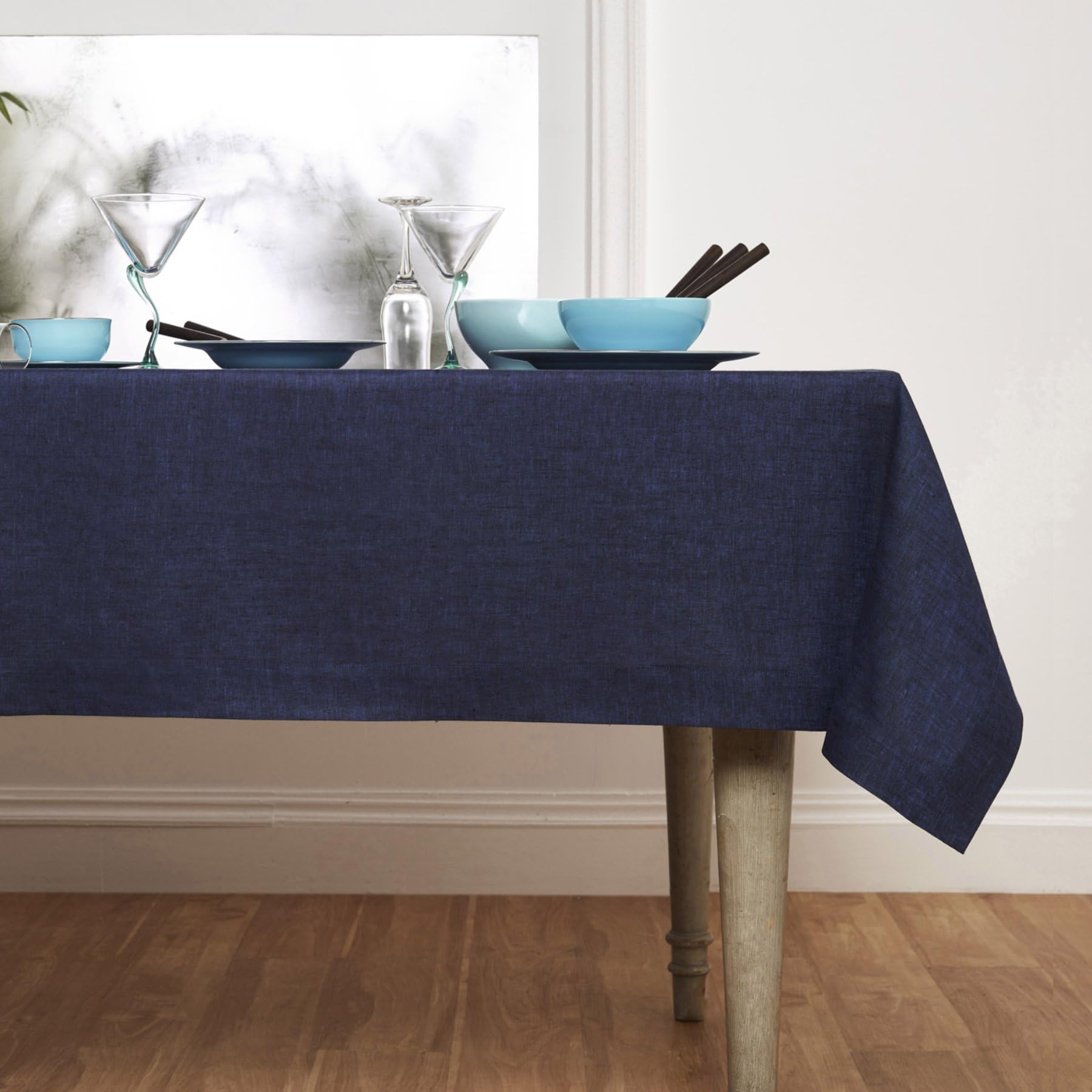 Solino Home 100% Pure Linen Tablecloth 60x90 Inches - Navy Blue Chambray Rectangular Table Cover - Machine Washable Dining Table Decor for Spring, Easter, Mother's Day - Perfect for Farmhouse, Rustic & Coastal Dining Rooms