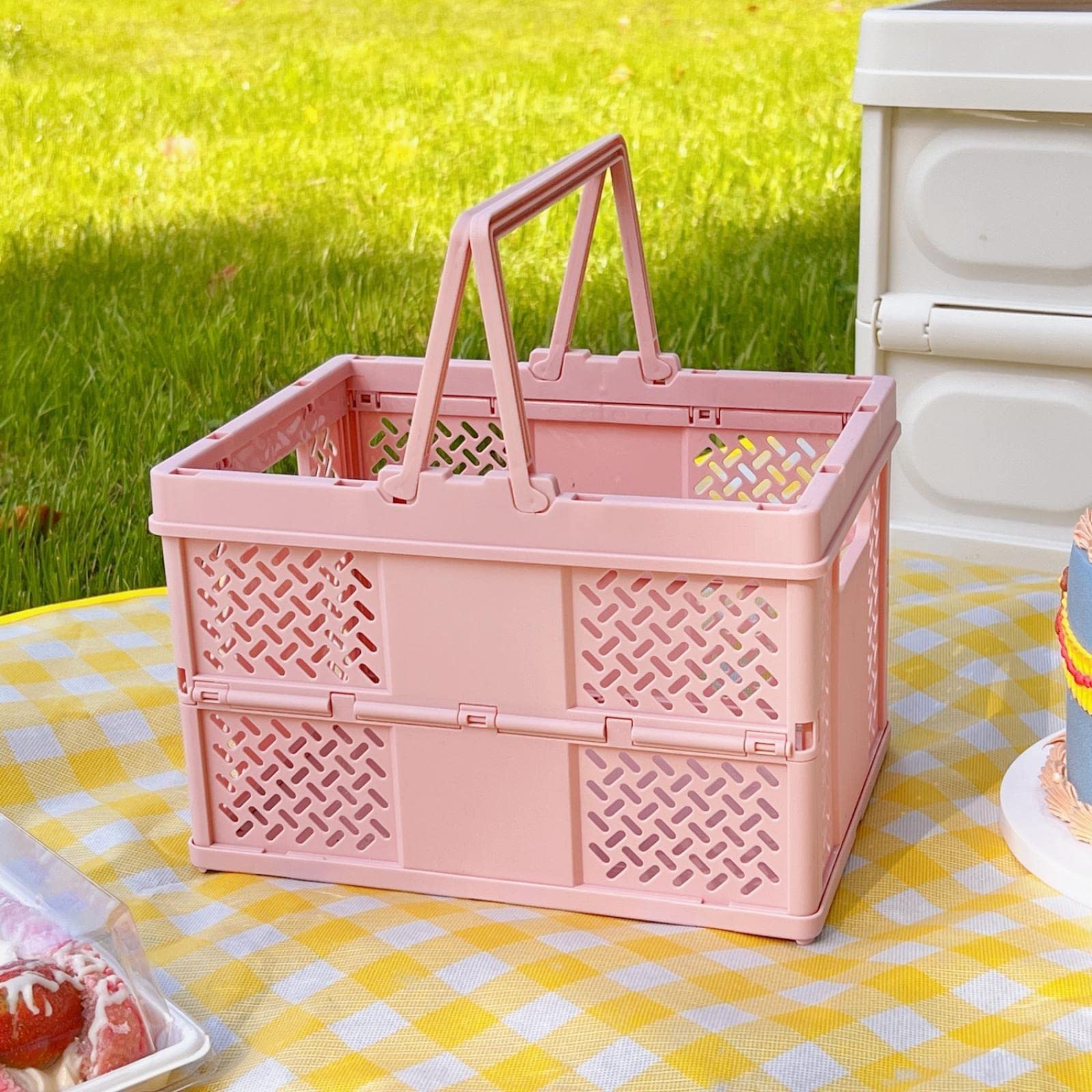 Foldable Picnic Basket for Outdoor & Grocery Shopping - Portable Handheld Basket for Spring Outings, Vegetables, Laundry | Ideal for Picnics, Beach Trips, Farmers Market & Home Organization (Pink)