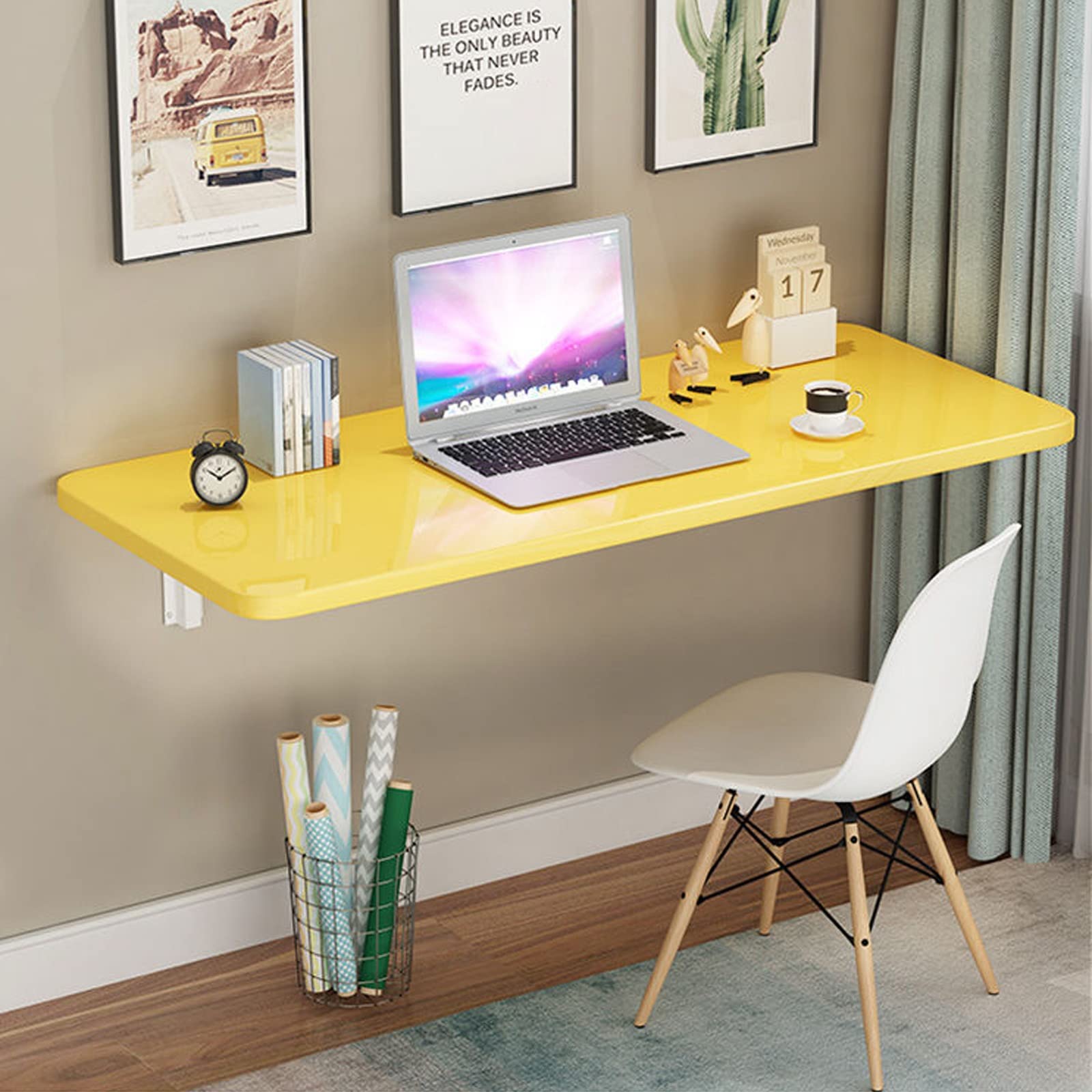 LIGUOYI 20-47 Inch Wall Mounted Floating Folding Desk - Space Saving Computer Desk, Dining Table, Drop Leaf Table with Adjustable Steel Brackets (Blue, White, Black, Yellow) - Perfect for Small Apartments, Home Offices & Dorm Rooms