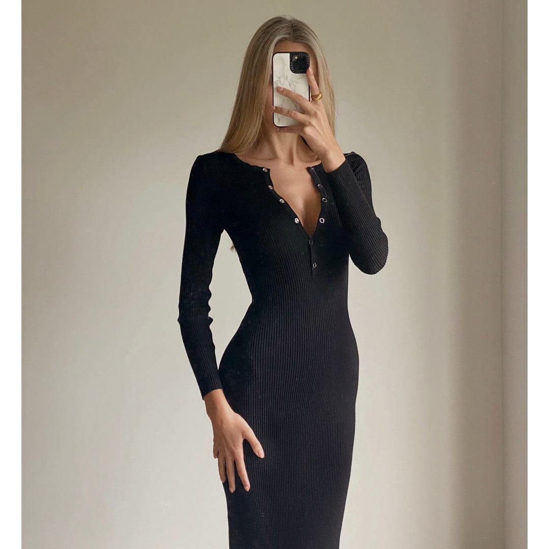 BRENA Women's White Long Sleeve Bodycon Knit Midi Dress - Slim Fit Stretchy Party Cocktail Dress for Night Out, Date Night & Formal Occasions