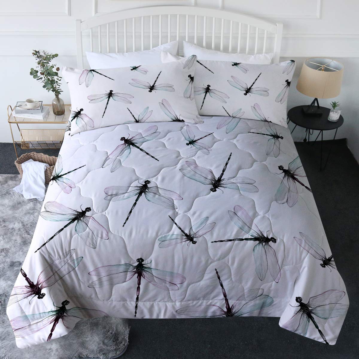 BlessLiving 3 Piece Dragonfly Comforter Set with Pillow Shams – Blue Pink Purple Reversible Bedding Set with 3D Printed Designs, Full/Queen Size, Soft & Machine Washable – Perfect for Bedroom Decor, Guest Room, Dormitory & Cozy Home Styling