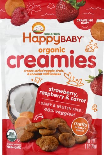 Happy Baby Organics Creamies Freeze-Dried Veggie & Fruit Snacks with Coconut Milk - Strawberry Raspberry & Carrot - 1 Ounce (Pack of 1) - Healthy Baby & Toddler Snacks for On-the-Go, Travel & Daycare