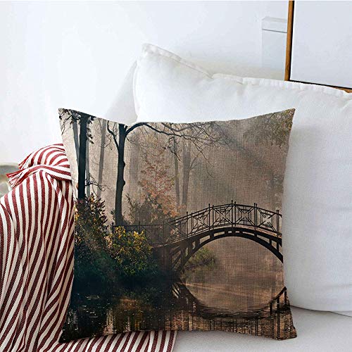 16x16 Inch Square Throw Pillow Covers - Tranquil Old Bridge Autumn Landscape with Misty Park HDR Design, Soft Linen Cushion Covers for Couch, Sofa & Home Decor | Perfect for Living Room, Bedroom & Outdoor Relaxation