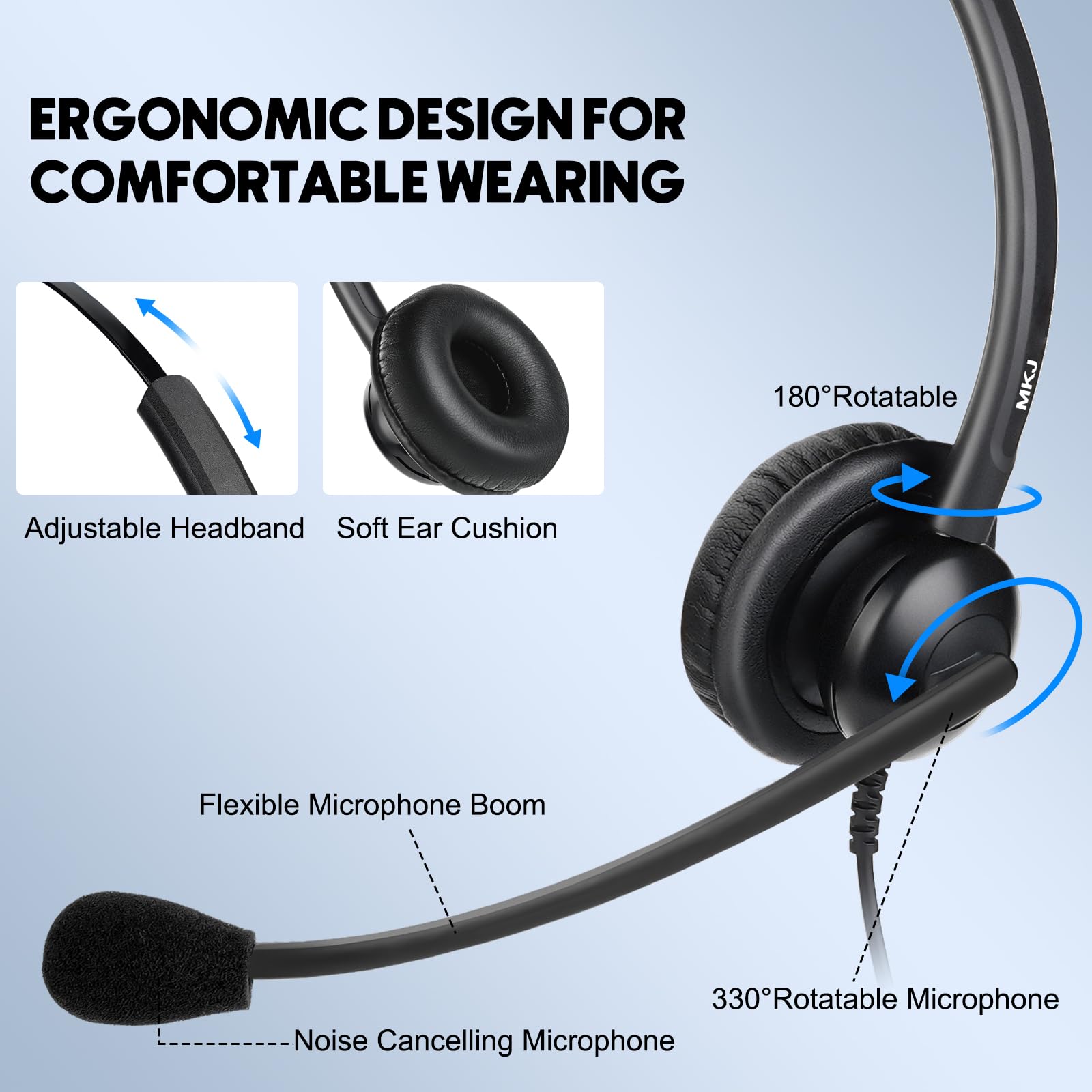 MKJ 2.5mm Wired Headset with Noise Cancelling Microphone - Office & Call Center Headphones Compatible with Panasonic KX-TPA60, KX-TGA470, Cisco SPA 303G/525G, Vtech, Uniden Phones - Perfect for Remote Work & Customer Service Calls