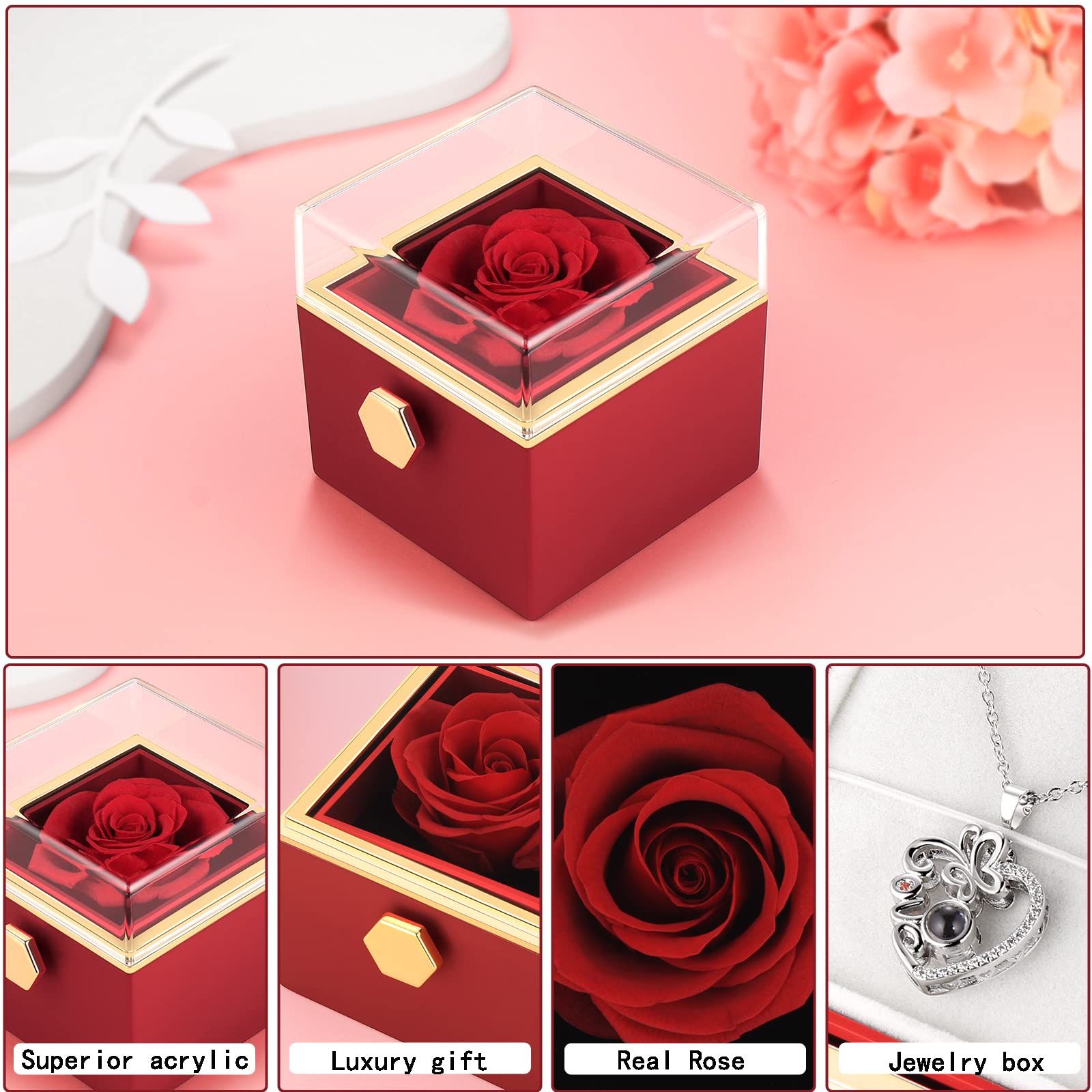 Real Preserved Rose with 'I Love You' Necklace in 100 Languages - Eternal Flower Gift for Anniversary, Valentine's Day, Birthday (Red) - Perfect Romantic Present for Wife, Girlfriend, Mom, or Special Someone