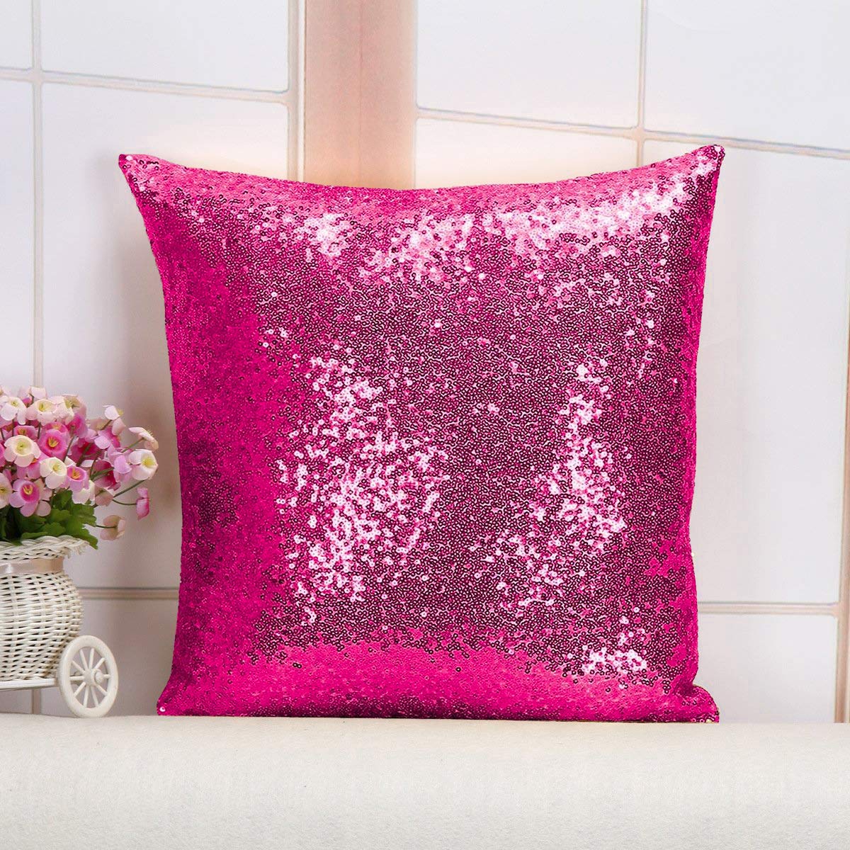 ShinyBeauty 24x24 Inch Sequin Pillow Covers - Pack of 2 Hot Pink Decorative Throw Pillow Cases for Sofa, Bed & Couch - Soft Reversible Sequined Cushion Covers for Home Decor, Living Room & Bedroom