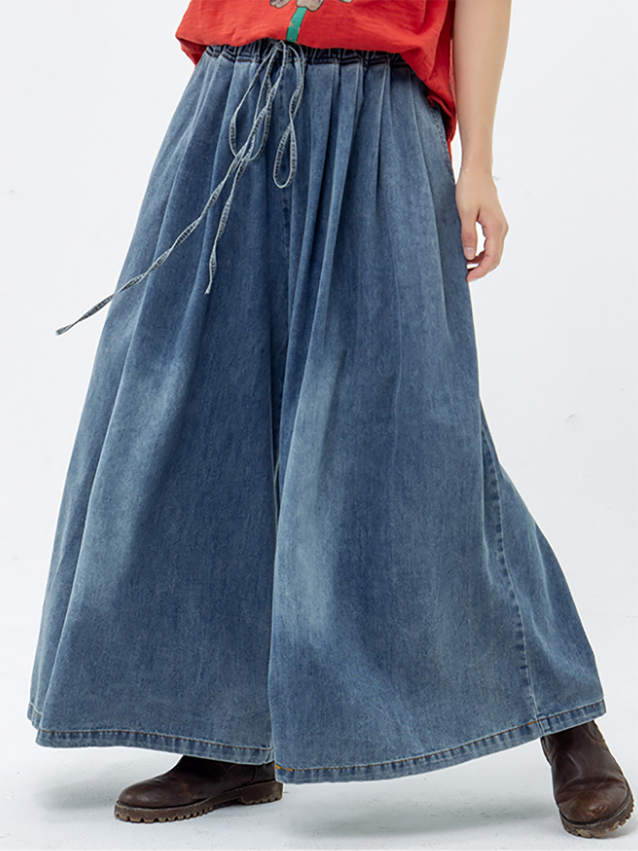 Plus Size Casual Drawstring Blue Denim Wide Leg Pants Jeans for Women - Comfortable Stretch High Waist Trousers for Everyday Wear, Work & Travel