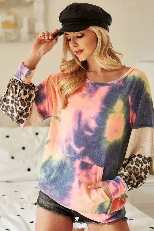 BiBi Tie Dye French Terry Sweatshirt with Contrast Stitching | Women's Casual Pullover Hoodie | Perfect for Yoga, Lounge & Streetwear Fashion