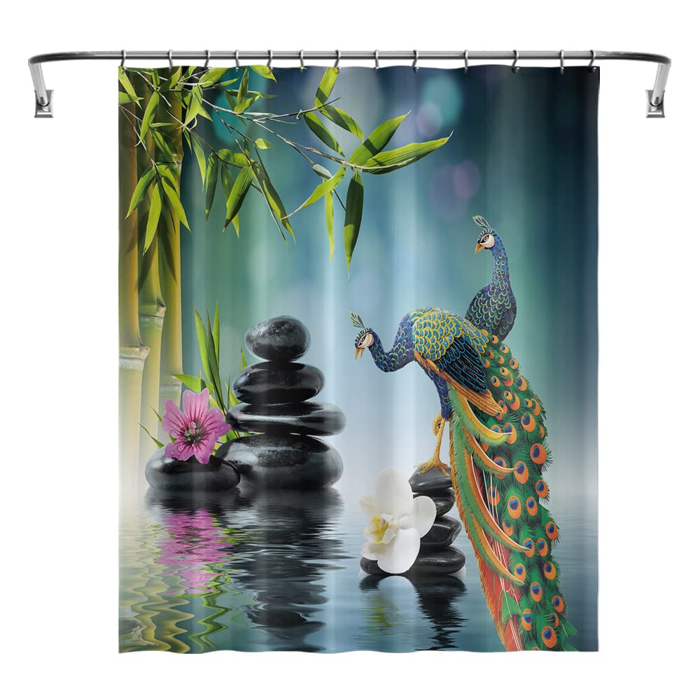 Blue Peacock Fabric Shower Curtain with Black Massage Stones & Green Bamboo Leaf Design - 60x70 Inch Bathroom Decor for Spa-Like Experience | Perfect for Couples' Retreat & Relaxing Bath Time