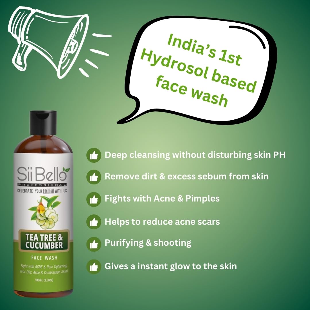 SII BELLO Tea Tree & Cucumber Face Wash for Oily & Acne-Prone Skin - Sulfate & Paraben Free Cleanser to Control Oil & Breakouts (100ml) - Perfect for Daily Skincare Routine & Acne Treatment