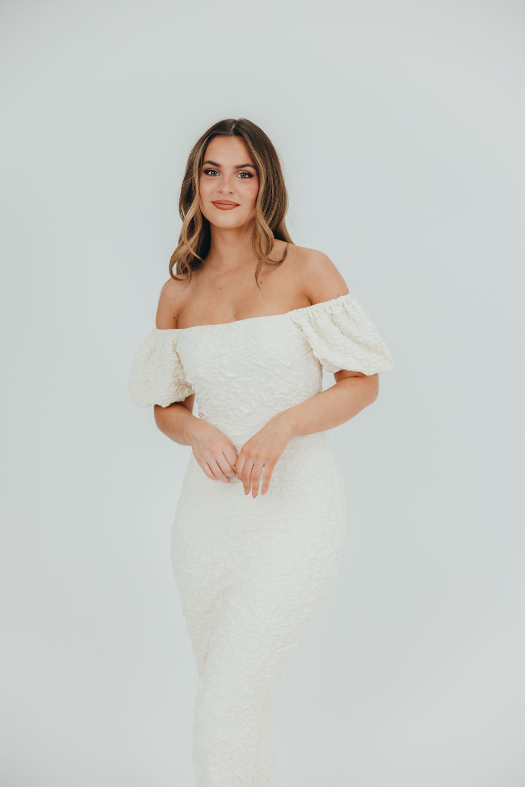 Blakeley Textured Midi Dress in Ivory - Bump Friendly Maternity Dress & Inclusive Sizing (S-3XL) | Perfect for Baby Showers, Bridal Events & Everyday Wear