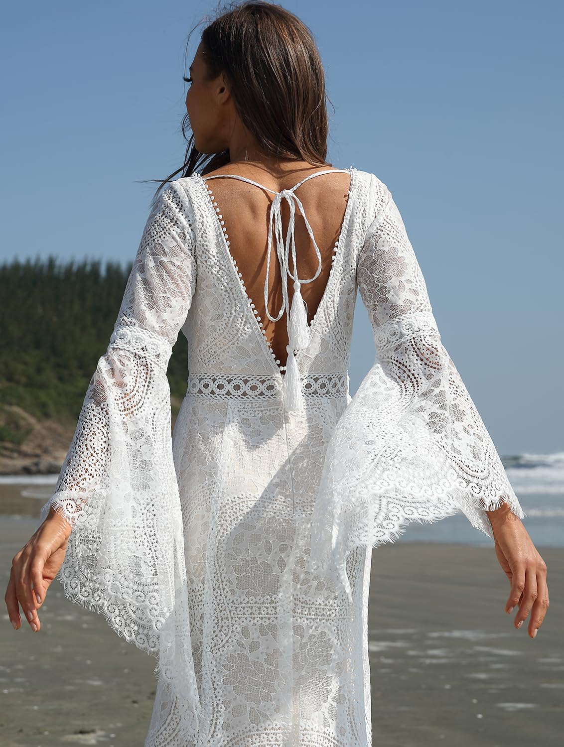 YMFFW 2025 Boho Lace Wedding Dress - Long Sleeve Sweetheart Mermaid Gown for Bride, Beach & Destination Weddings | Elegant Lace Bridal Gown for Outdoor, Garden & Seaside Ceremonies