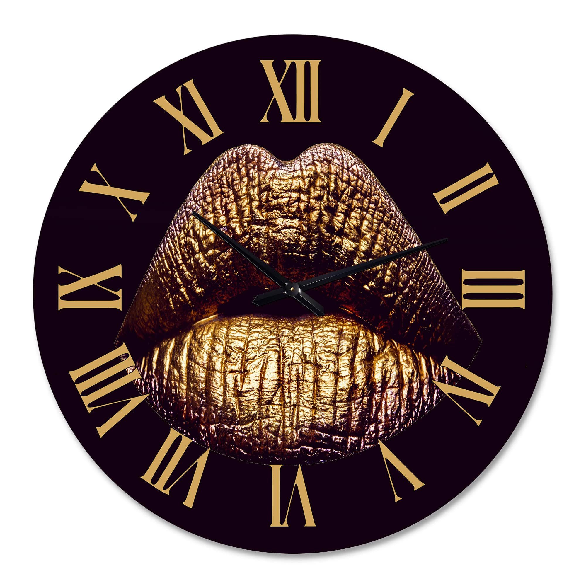 DesignQ Modern Wall Clock - Sexy Golden Metallized Female Lips II - Large Decorative Wall Clock for Living Room, Bedroom, Office - Unique Home & Interior Decor Gift Idea