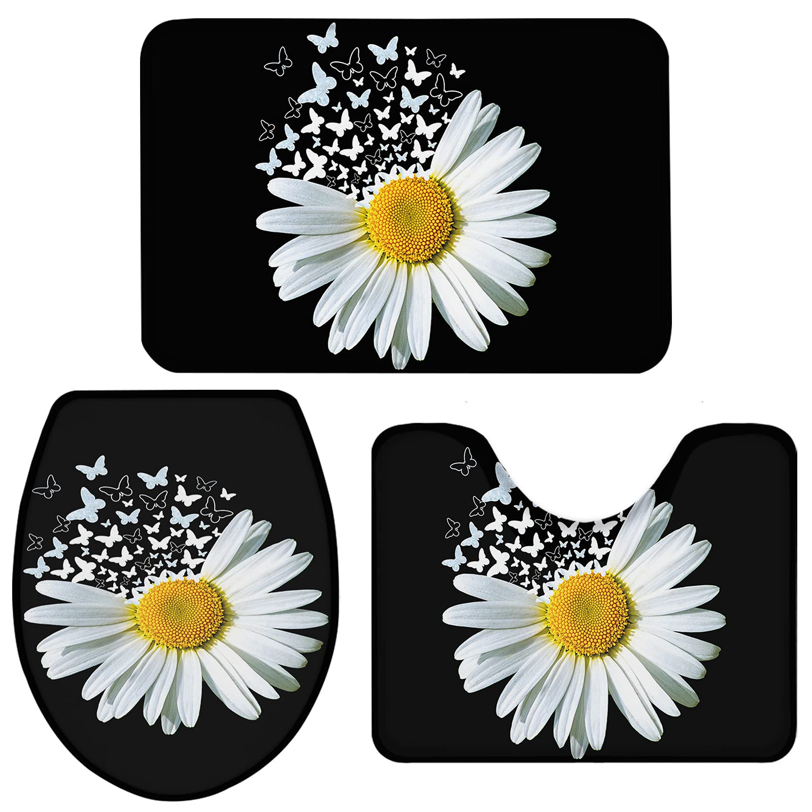 Premium Red Vow 3-Piece Luxury Memory Foam Bathroom Rug Set - Super Absorbent, Non-Slip Soft Cushioned Mat with Toilet Lid Cover & Contour Mat (White Daisy) for Bathroom Safety & Comfort - Perfect for Master Bath, Guest Bathroom & Spa Retreats