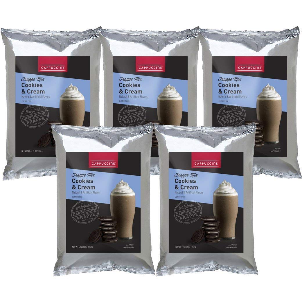 Premium Cappuccino Iced Coffee Frappe Mix - Cookies & Cream Flavor (5 Bags) | Perfect for Home, Office & Cafes | Delicious Cold Coffee Drink Mix