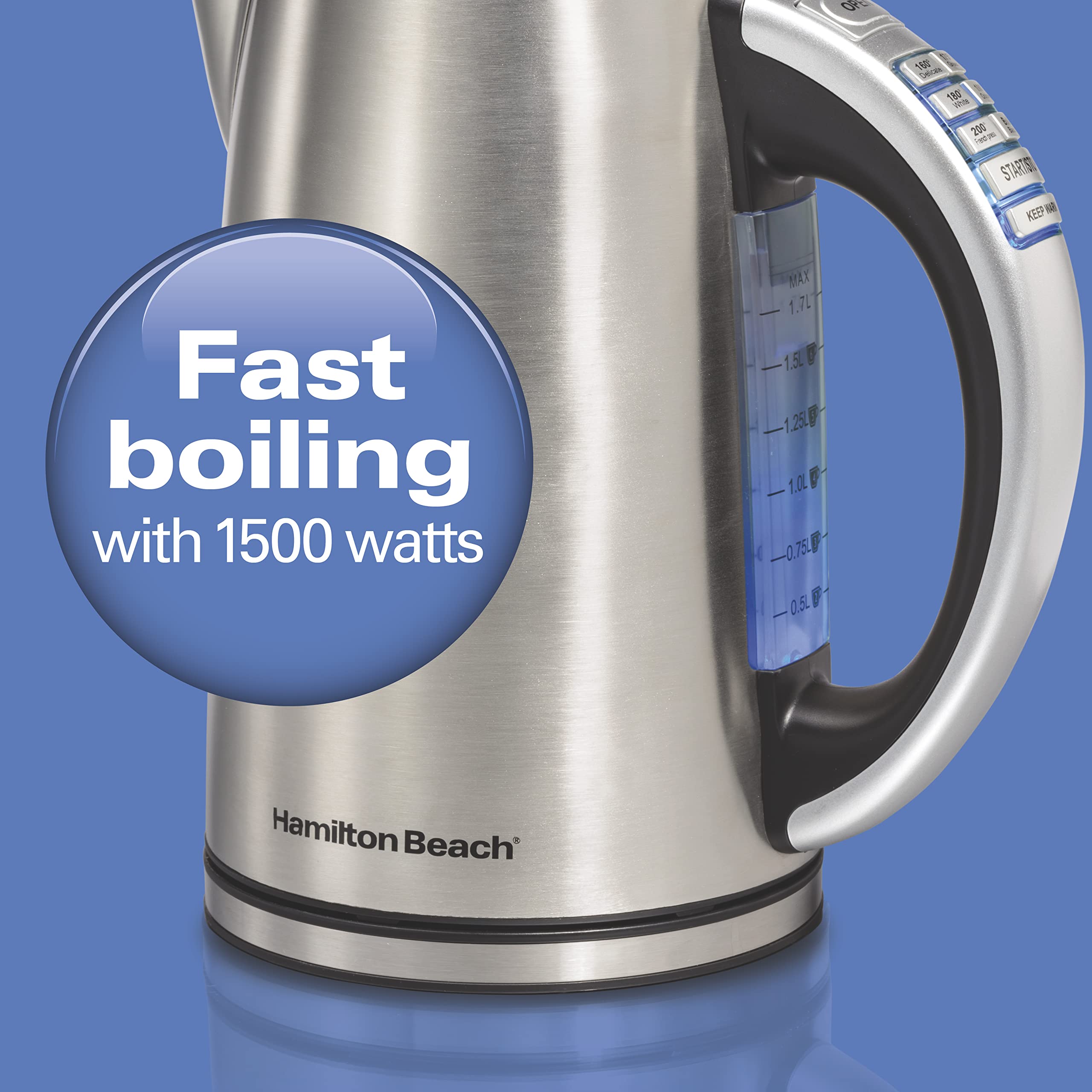Hamilton Beach 1.7L Electric Kettle - Fast 1500W, BPA Free, Stainless Steel, Auto Shut-Off & Boil-Dry Protection - Perfect for Tea, Coffee & Instant Meals in Home, Office or Dorm