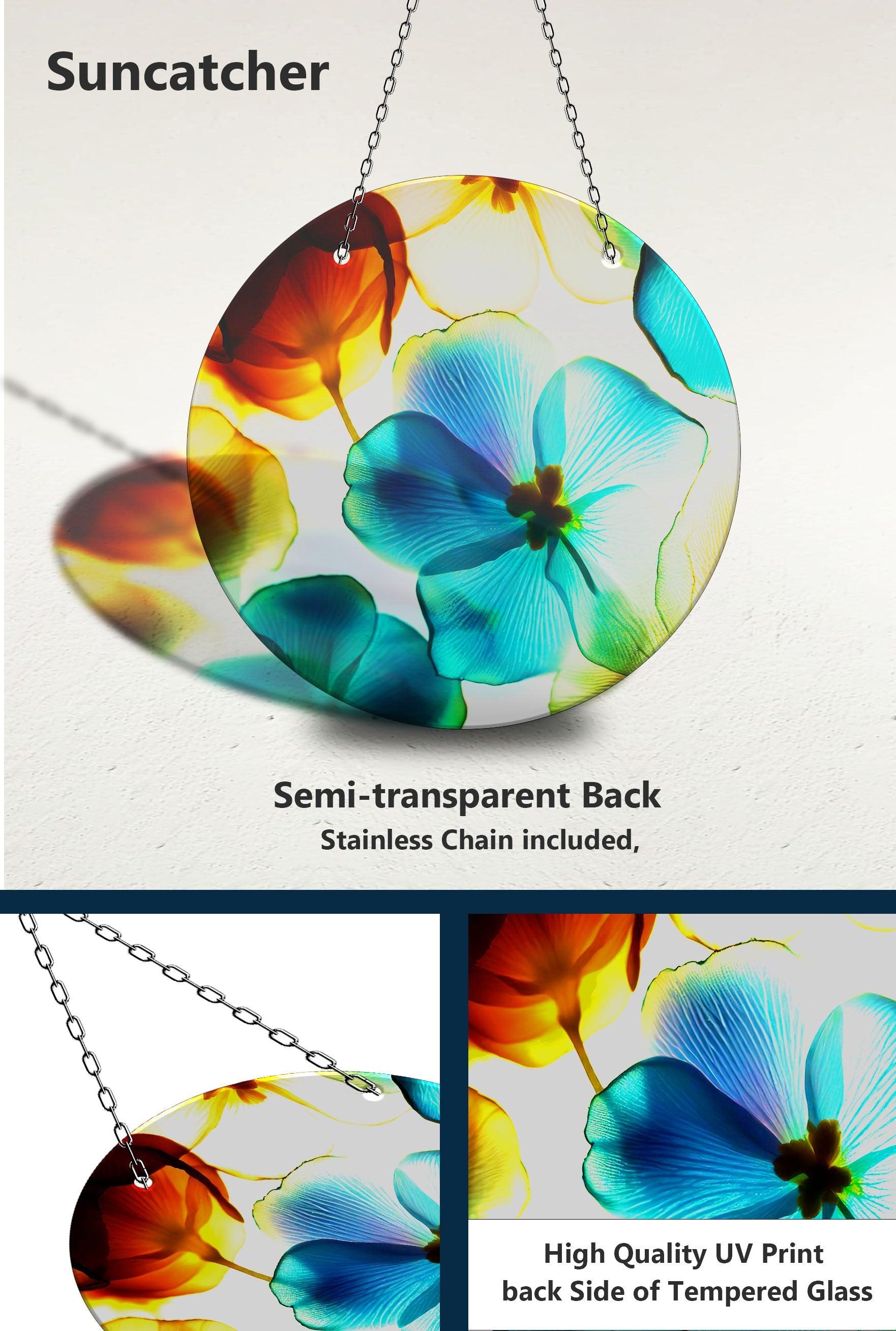 Vibrant Blue & Orange Flower Suncatcher - Handmade Stained Glass Window Decor for Home, Office & Garden - Perfect for Living Room, Bedroom & Outdoor Spaces