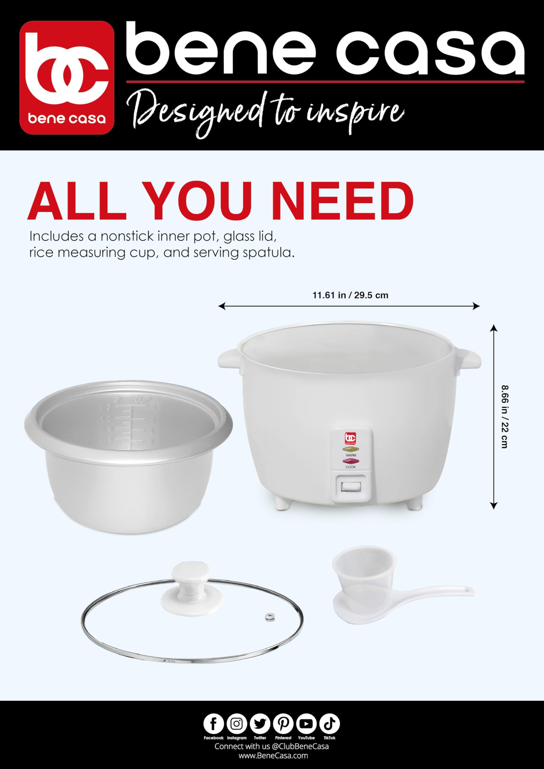 Bene Casa 12-Cup Rice Cooker with Glass Lid - Nonstick Aluminum Inner Pot & 12-Hour Keep Warm - Perfect for Family Meals, Meal Prep, and Dorm Cooking (6 Cups Uncooked Rice Capacity)