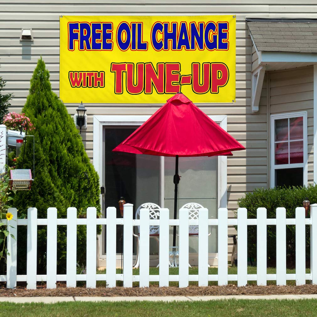 Durable 60x144 Inch Yellow Vinyl Banner with 10 Grommets - Weatherproof Outdoor Business Sign for Industrial Use, Yard Sales & Promotions (Free Oil Change with Tune-Up Offer) - Perfect for Storefronts, Construction Sites & Event Advertising