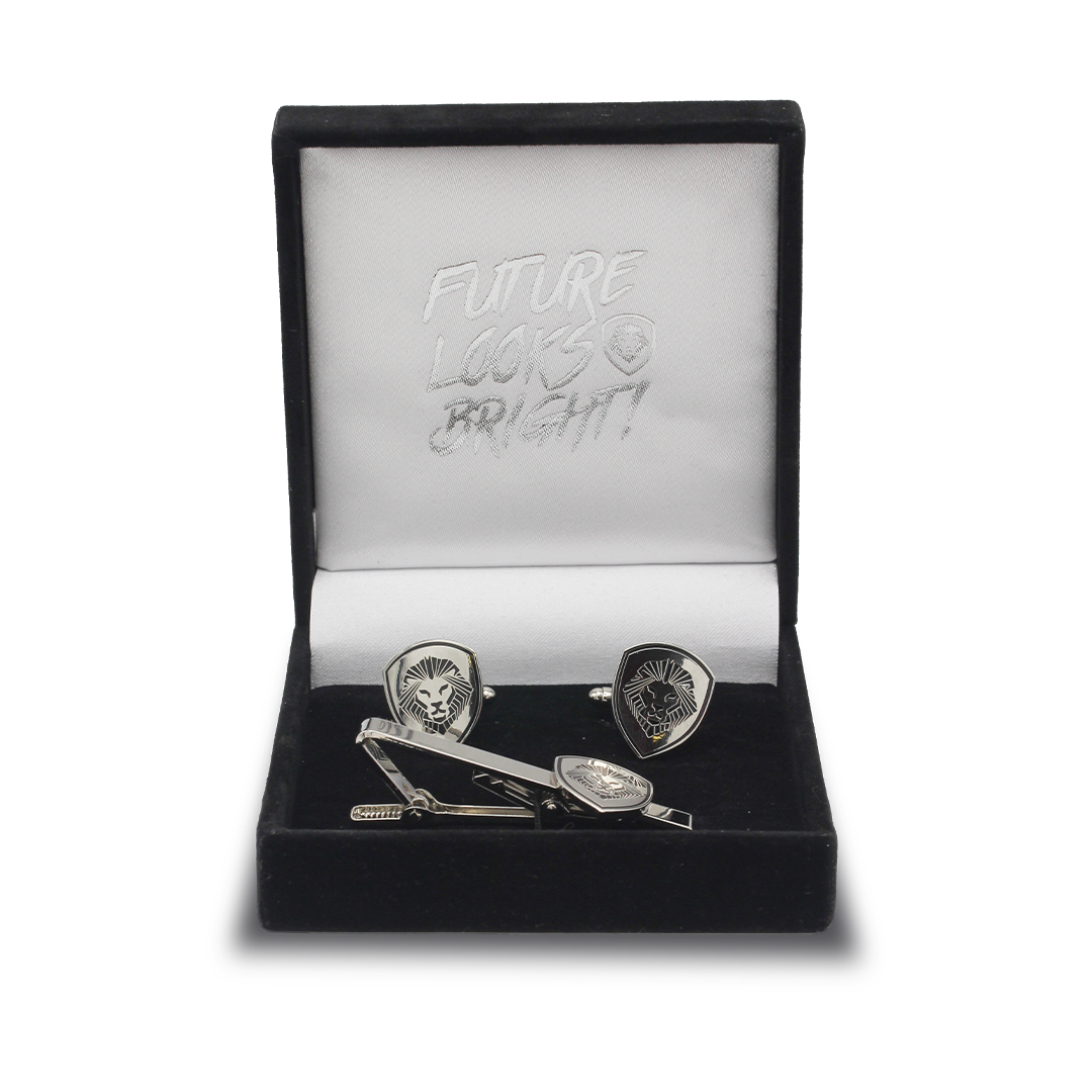 Lion Shield Valuetainment Black & Silver Cufflink & Tie Bar Set for Men - Elegant Formal Accessories for Weddings, Business Meetings & Special Occasions